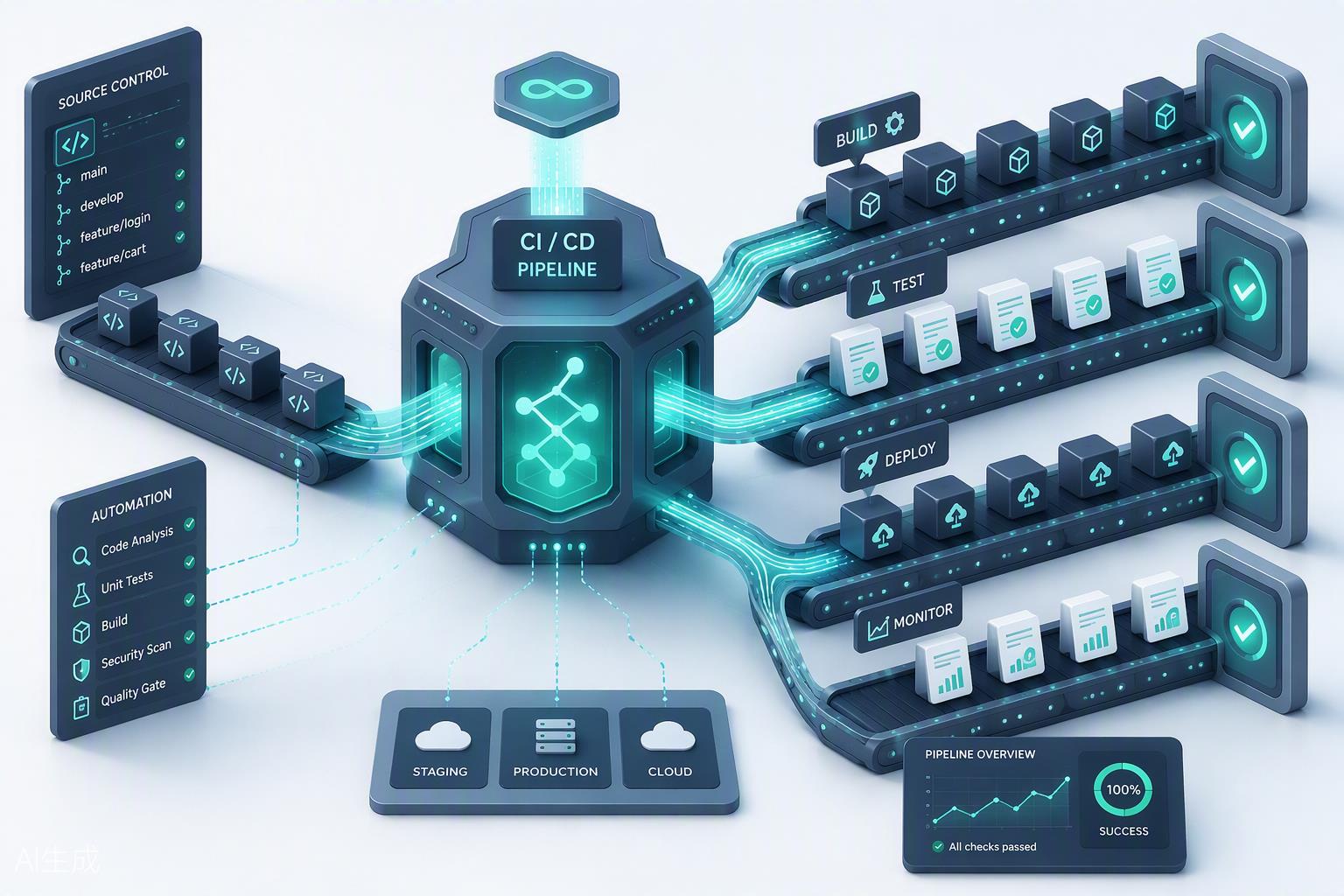 API中转站CI/CD流水线中枢 3D 渲染图